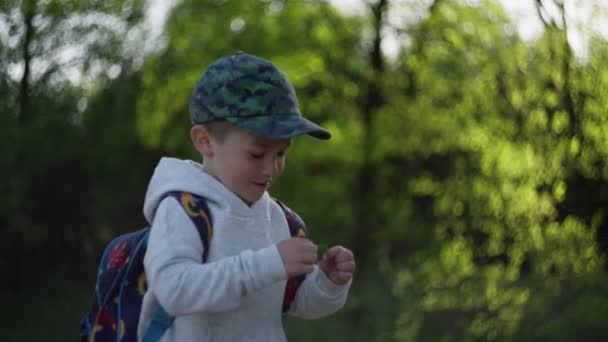 Närbild Pojke Som Går Med Ryggsäck Ett Vackert Naturlandskap Barnet — Stockvideo