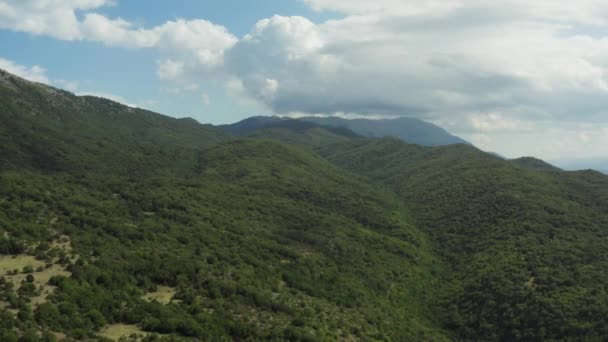 Drone Volando Sobre Una Cordillera Texturizada Con Picos Cubiertos Árboles — Vídeo de stock