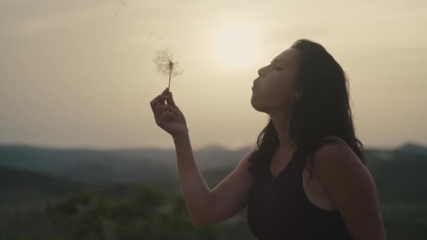 Beautiful Girl Blowing Dandelion Mountains Sunset Woman While Hiking Beautiful — Stockvideo