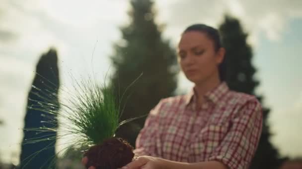 Flickan Planterar Växter Trädgården Kvinnan Bra Att Odla Blommor — Stockvideo