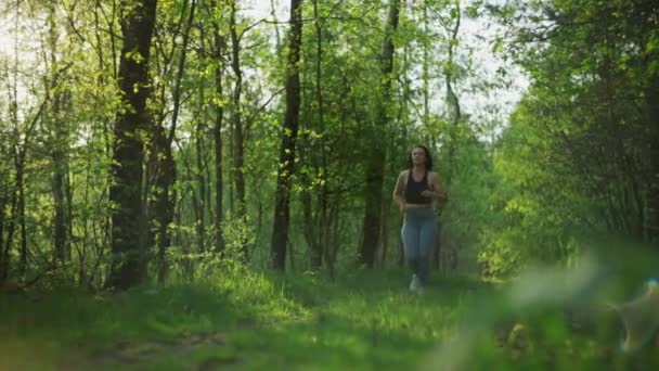 Slow Motion Video Caucasian Woman Jogging Woods Beautiful Girl Running — Stock Video