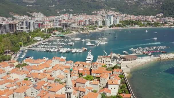 Aerial Shot Budva Montenegro Drone Vídeo Uma Cidade Costa Adriático — Vídeo de Stock