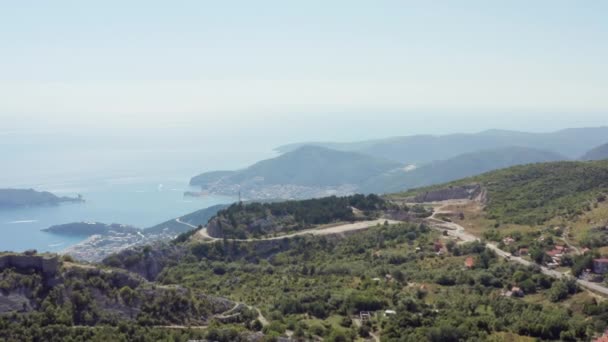 Drone Video Budva Montenegro Aerial View Mountains Hilly Cityscape Sea — Stockvideo