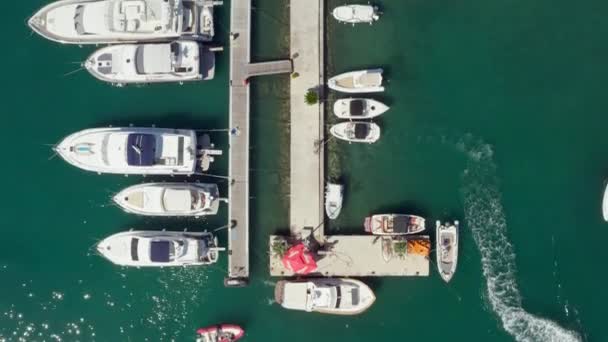 アドリア海のヨットやボート 波や海岸線や風景とマリーナに平行ドローンビデオ エアショット ブドヴァ モンテネグロ 高品質4K映像 — ストック動画