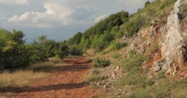 Makedonya dağlarında güzel bir yol. Dağların arasında kayalar, ağaçlar, taşlar ve arka planda dağ tepeleri ve tepeler var. Yüksek kalite 4k görüntü