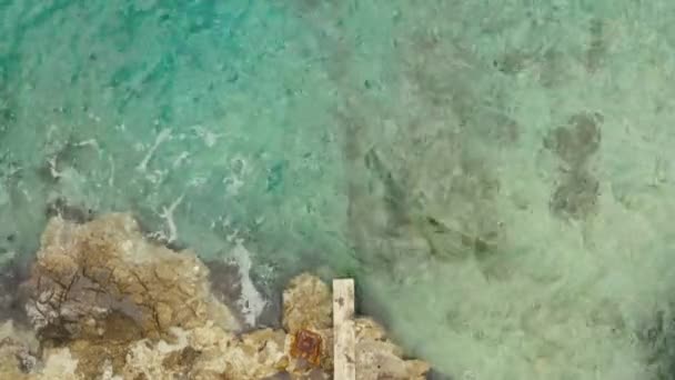 Bovenaanzicht Vanuit Lucht Springt Oceaan Vanaf Pier Happy Man Vakantie — Stockvideo