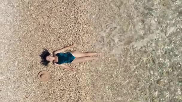 Aerial View Girl Bathing Suit Sunbathes Sea Top View Woman — Stock Video