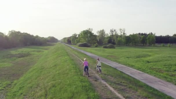 Αεροφωτογραφία Κορίτσια Ιππασία Ποδήλατα Μαζί Μαμά Και Κόρη Βόλτα Στο — Αρχείο Βίντεο