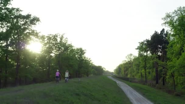 Due Amiche Felici Bicicletta Nella Natura Tramonto Ragazze Vanno Sulla — Video Stock