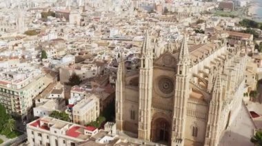 Gothic cathedral dron 4K video. Aerial view of a historic building with beautiful architecture with spiers, the roof of which is built in the same style. High quality 4k footage