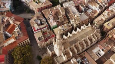 Architecture of the Catholic Church dron 4K video. Aerial view of a historic Gothic cathedral standing in the heart of the city surrounded by old houses in a landscaped location. High quality 4k 
