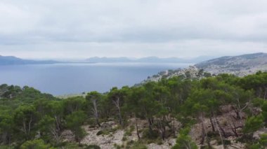 Seadron 4K videosunun yanındaki çam ormanı manzarası. Akdeniz kıyılarında ağaçların yetiştiği tepelerden ve kayalardan oluşan dağların havadan görünüşü. Güzel arkaplan videosu. 