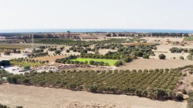 Flight of a drone over the village with plantations of vegetables and fruits grown in ancient times. Tangerines and bananas grow on the trees. Aerial view of agricultural fields by the sea. 