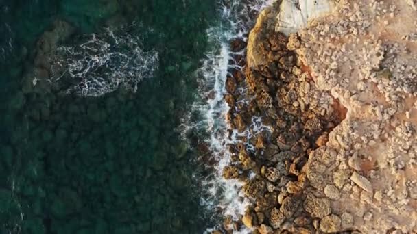 Aerial View Coastline Ocean Waves Sea Crashing Rocky Shore Blue — Stock Video