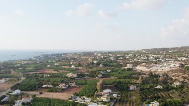 Güzel bir manzaradaki tarımsal alanların havadan görünüşü. Mandalina ağaçlarının ve muzların tarlalarda büyüdüğü drone video tarlaları. Yüksek kalite 4k görüntü