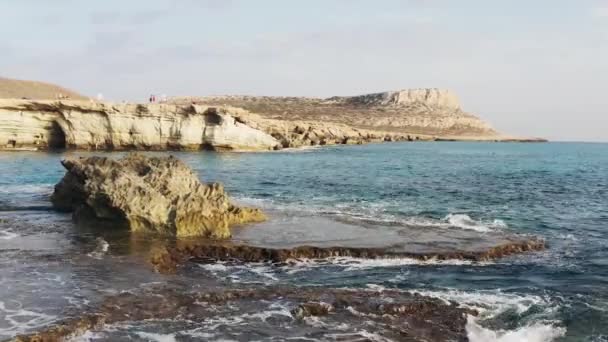 Drone Flying Rocky Shore Island Mediterranean Sea Waves Crash Rocks — Stockvideo