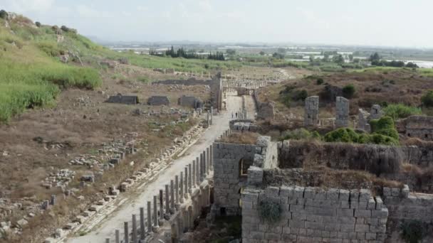 Drone Video Ancient City Archaeological Excavations Historic Site Buildings Streets — Stockvideo