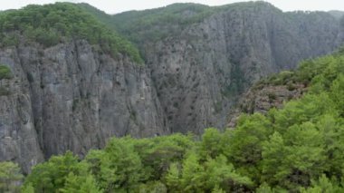 Drone video of a canyon in the mountains. Mountain ranges with pine forests, among which a cliff into a canyon with rocks. Beautiful scenery. Aerial view Antalya Turkey. High quality 4k footage