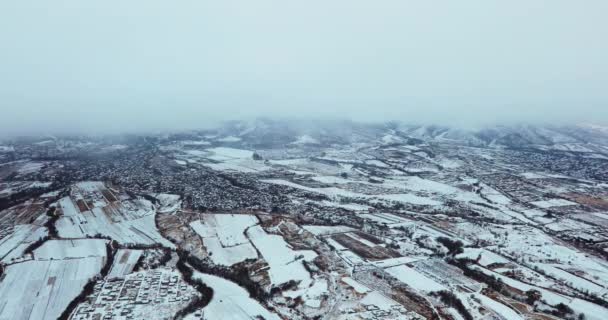 Aerial View Farm Fields Winter Plowed Fields Covered Snow Beautiful — Stock video