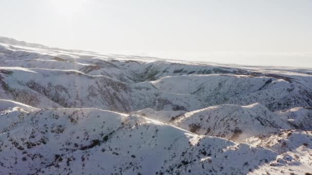 Drone Video Mountain Ranges Sunset Winter Mountains Peaks Covered Snow — Stockvideo