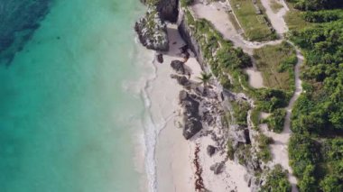 Drone video of the Caribbean seascape. Beautiful blue sea water whose waves crash against the rocky shore and the jungle with palm trees. Aerial view Mexico. High quality 4k footage