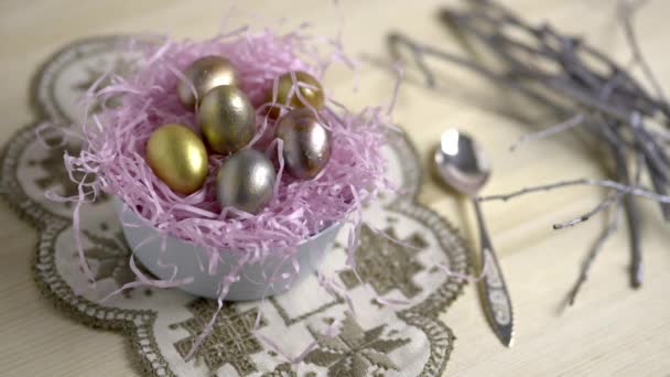 Video Decorative Holiday Composition Easter Eggs Lie Table Plate Spring — Video Stock