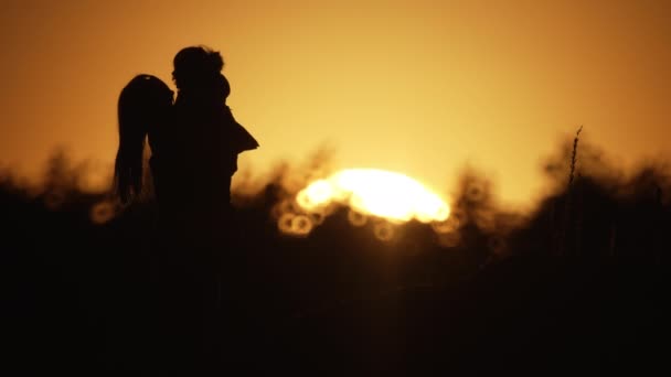 Mom Holds Baby Her Arms Sunset Beautiful Landscape Sunshine Light — Wideo stockowe