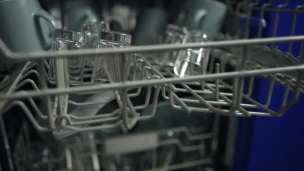 Female Hand Pulls Clean Glasses Out Dishwasher Housewife Does Housework — ストック動画
