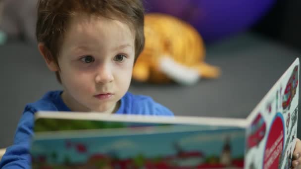 Маленький Хлопчик Книжкою Дитина Дивиться Книгу Різними Фотографіями Навчанням Вдома — стокове відео