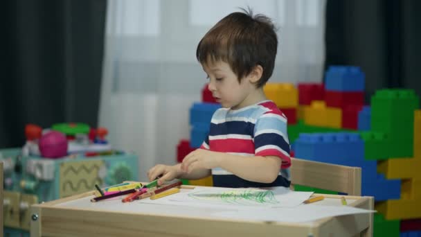 Boy Draws European Ethnicity Childrens Table Child Studies Home Nursery — Vídeo de Stock