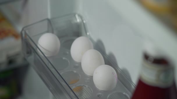 Male Hand Takes Egg Refrigerator Preparing Scrambled Eggs Home Kitchen — Video Stock