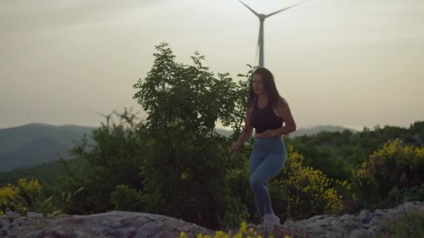 Slow Motion Video Girl Jogging Mountains Sunset Woman Runs Top — Wideo stockowe