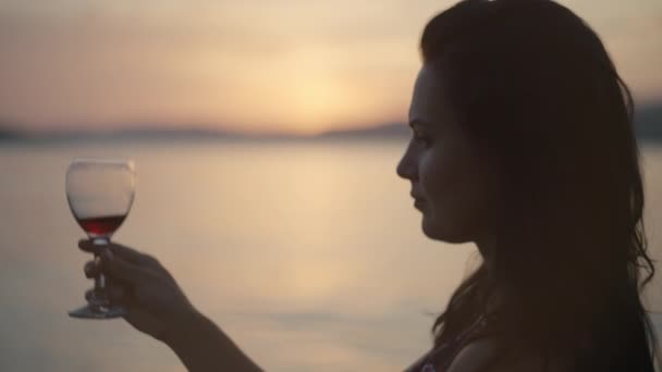 Романтична Дівчина Келихом Вина Пляжі Біля Океану Красива Жінка Розслабляється — стокове відео