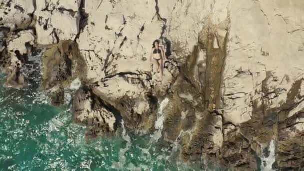 Aerial View Girl Lying Rock Ocean Shoreline Beautiful Landscape Woman — 图库视频影像