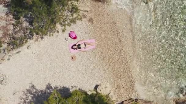 Aerial View Girl Bikini Lying Middle Beach Alone Beautiful Woman — Stockvideo