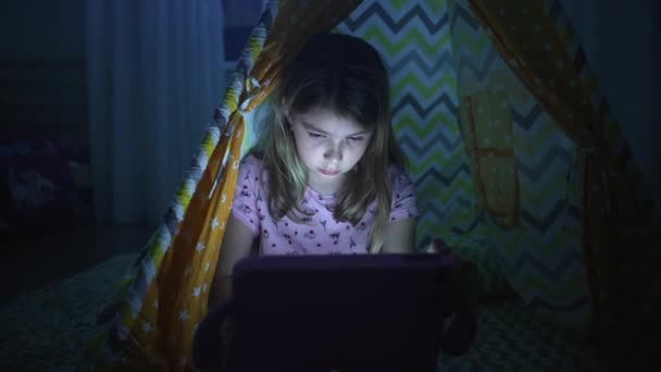 Girl Tablet His Hands Evening Home Beautiful Teenager Playing Tablet — Αρχείο Βίντεο