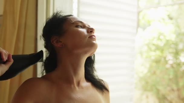 Beautiful Caucasian Girl Drying Her Hair Hairdryer Morning Window Woman — 图库视频影像