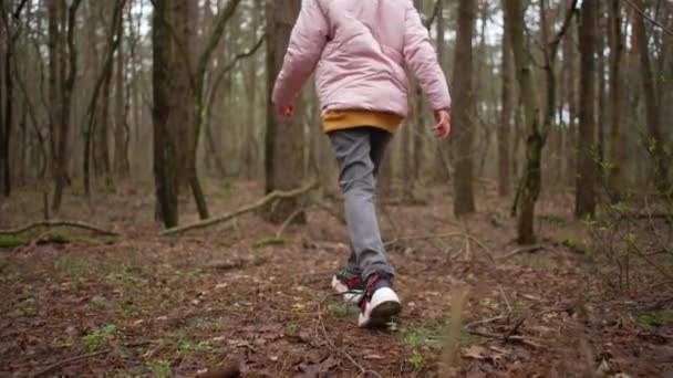 Girl Walks Park Spring Tree Leaves Has Grass Child Walks — Vídeo de stock