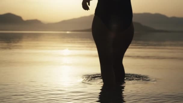 Female Silhouette Sunset Goes Swimming Ocean Beautiful Girl Goes Sea — 图库视频影像