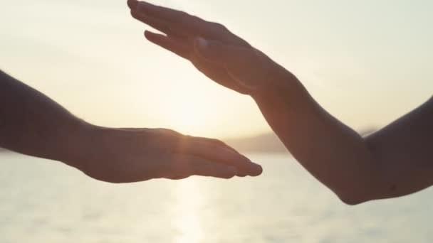 Family Parents Children Fold Hands Each Other Make Team Sunset — Video Stock