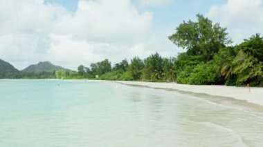Seyşeller plajının havadan görünüşü. Hint Okyanusu kıyısında kumlu bir sahil. Mavi suları, kıyıda palmiyeleri ve arka planda dağları var. Yüksek kalite 4k görüntü