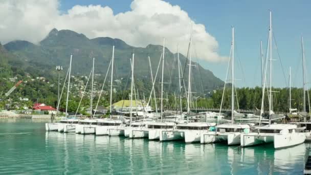 Aerial View Port Boats Seychelles Boats Moored Marina Scenic City — Video Stock