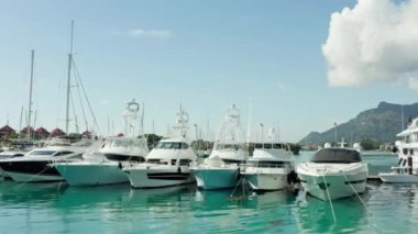 Aerial view of Mahe, Seychelles. Boats are parked in a marina in a port on the shores of the Indian Ocean. High quality 4k footage