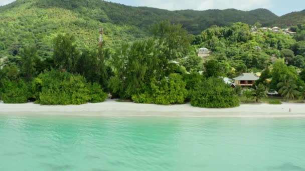 Aerial View Seychelles Sandy Beaches Palm Trees Shores Indian Ocean — Video