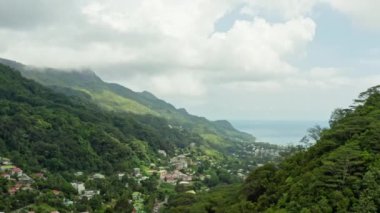 Aerial view of Mahe, Seychelles. Beautiful landscape of the mountains, the nature of the islands in the Indian Ocean, the city of Victoria. High quality 4k footage
