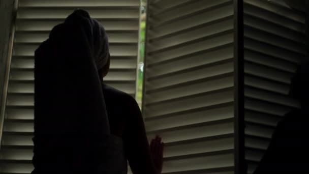 Caucasian Girl Opens Window Room Morning Woman Wrapped Towel Shower — Αρχείο Βίντεο