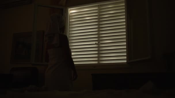 Girl Opens Window Apartment Morning Woman Wrapped Towel Looks Out — Vídeo de stock