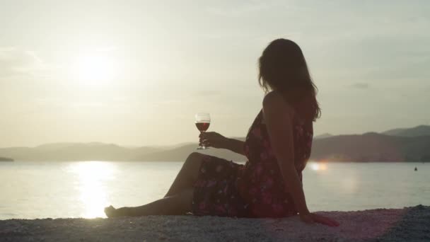 Romantic Landscape Sea Girl Drinks Wine Beach Sunset Beautiful Woman — Vídeos de Stock