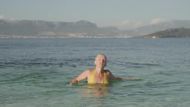 Slow Motion Woman Years Comes Out Ocean Swimming Girl Bikini — Wideo stockowe