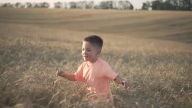 Happy smiling boy running on golden wheat field. Bright childhood and freedom. High quality 4k footage